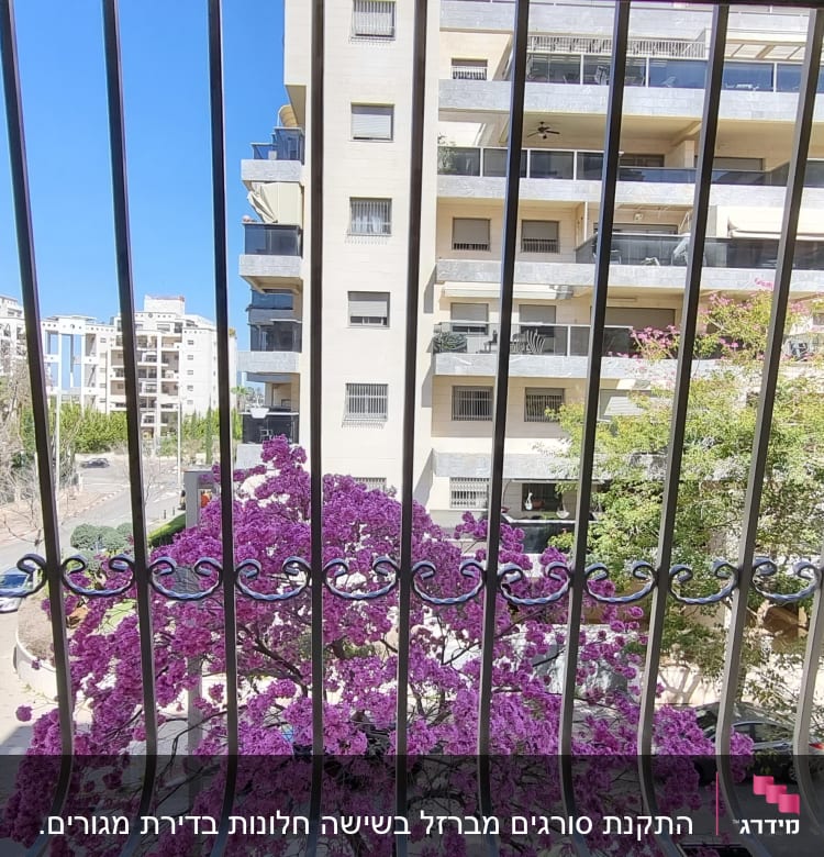 סורגים מתכתיים על חלון עם נוף עירוני